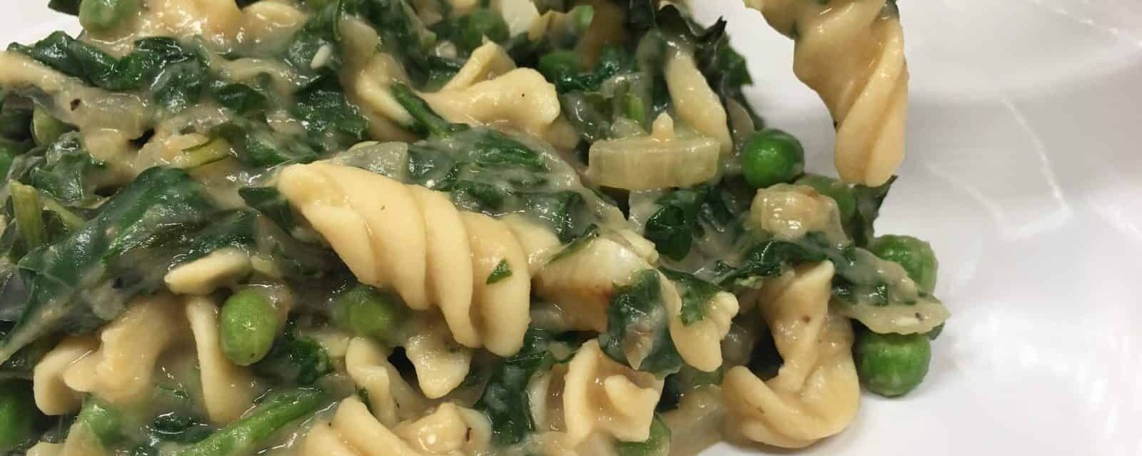 CARE Recipe: Vegan Creamed Spinach Pasta with Peas