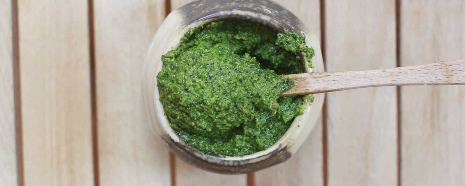 CARE Recipe: Kale and Pistachio Pesto (Lightening Fast Topping to Dinner Protein)